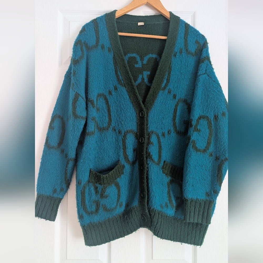 Gucci Teal and Forest Green Oversized Cardigan